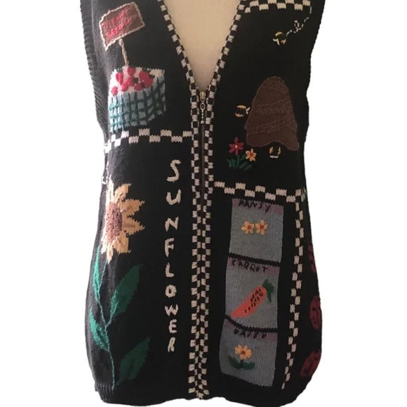 Vintage CAPACITY Sz M Women's Black Spring/Summer Theme Bees Zip Up Sweater Vest - Picture 3 of 6